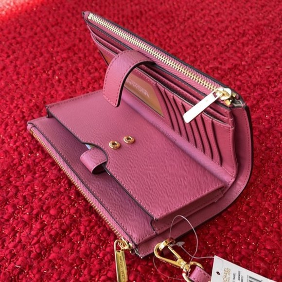 Michael Kors Jet Set Travel Large Double Zip Wristlet Wallet Rosewood Leather - Picture 3 of 15